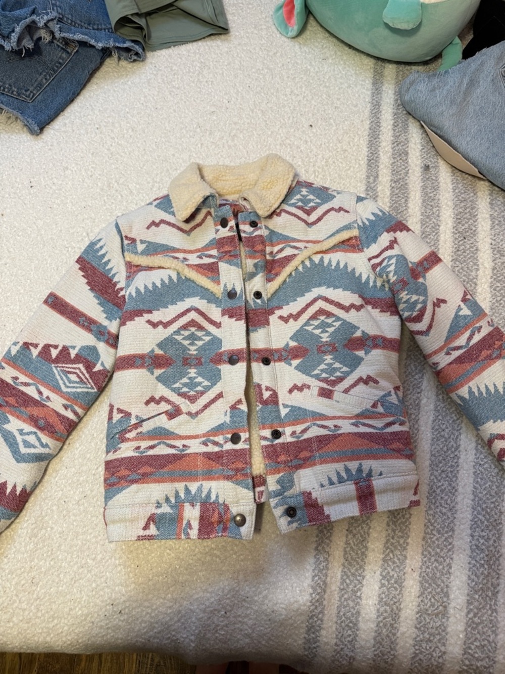 Wrangler Aztec Print Sherpa-Lined Jean Jacket in Cream, Blue & Rust